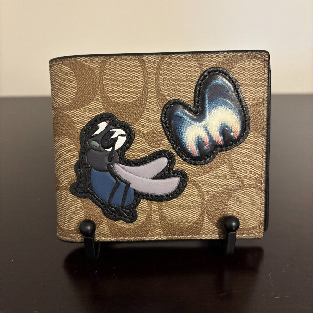 Coach 3 in 1 Signature Brown Canvas Black Leather Disney Patch Bifold Wallet